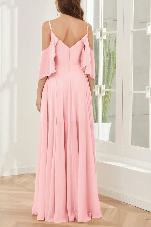 A-Line V-Neck Ruffled Off-Shoulder Empire Bridesmaid Dress