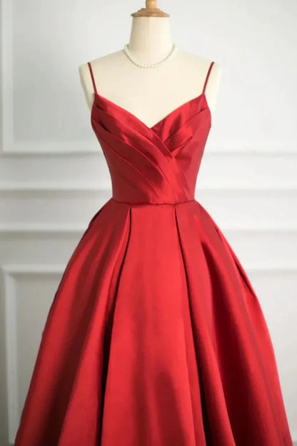 A-Line V-Neck Spaghetti Straps Satin Empire Party Prom Dress