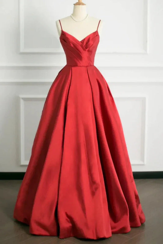 A-Line V-Neck Spaghetti Straps Satin Empire Party Prom Dress