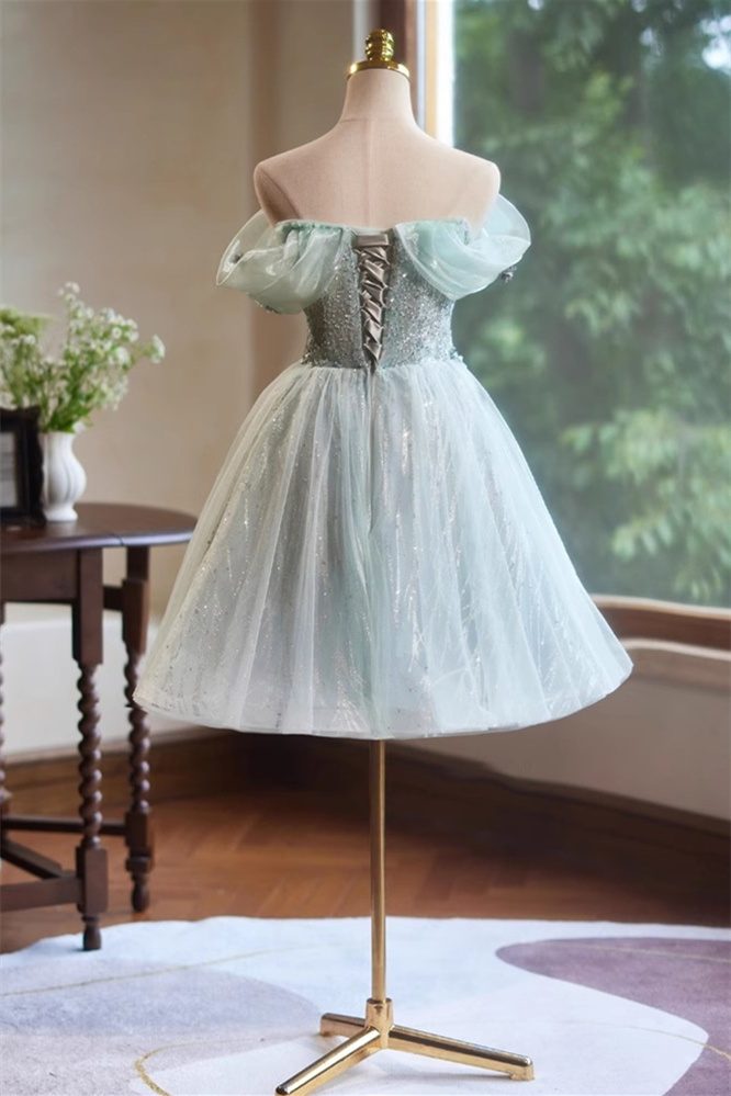 A-Line Off the Shoulder Tulle with Hand Made Flower Homecoming Dress