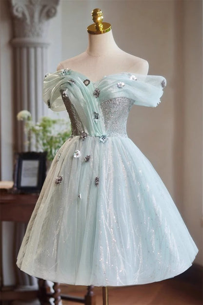 A-Line Off the Shoulder Tulle with Hand Made Flower Homecoming Dress