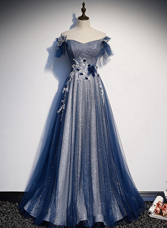 Navy Blue tulle long prom dress blue evening dress A01