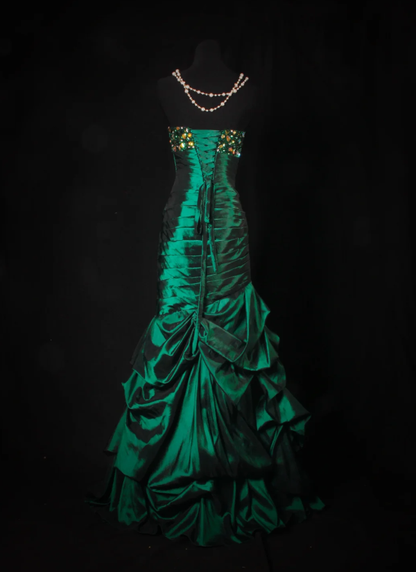 Elegant Emerald Green Strapless Satin Pleated Mermaid Long Party Dress Evening Dress With Beads D2215
