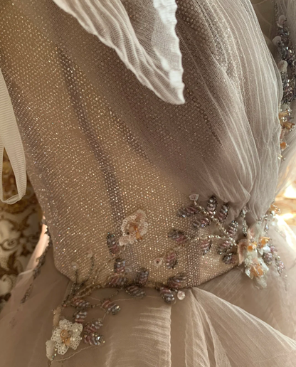 Charming Spaghetti Straps Light Pink V Neck Tulle Beaded Ball Gown Formal Long Birthday Party Dress D1774