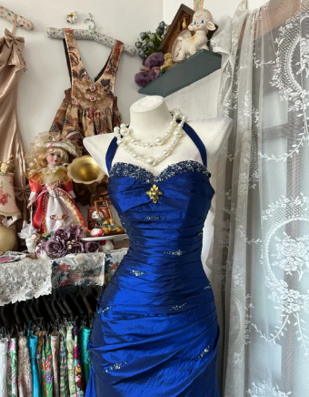 Vintage Halter Mermaid Long Prom Dresses Beaded Satin Blue Evening Dresses Birthday Dresses SH5041