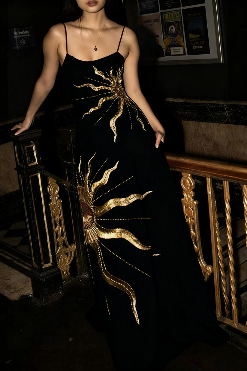Gorgeous Spaghetti Straps Red Satin With Gold Sequin Long Party Dress Evening Dress D1387