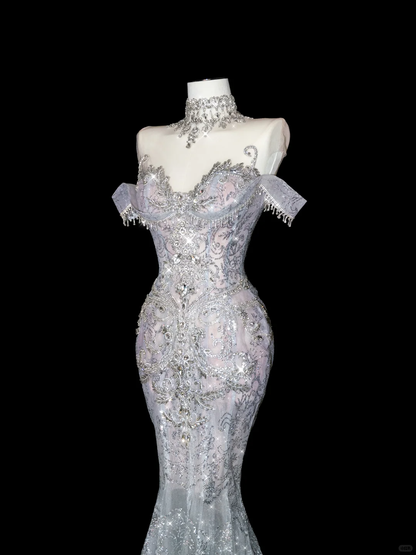 White Elegant Mermaid Off the Shoulder Beaded Lace Long Prom Dress Party Dress SH3494