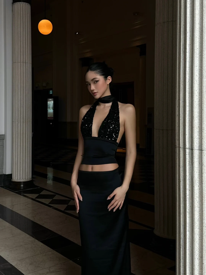 Sexy Two Piece Sheath Halter Black Sequin Satin Prom Dress Evening Dress Formal Gown SH3930