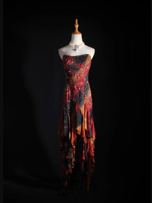 Vintage Embroidered Floral Chiffon Ruffle Mermaid Evening Dress Strapless Long Party Dress D2260