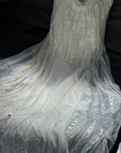 Glitter Spaghetti Straps Off White Chiffon Sequin Beaded Mermaid Evening Dress Long Party Dres D939