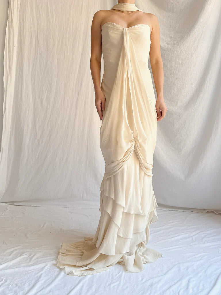 Vintage Apricot Draped Gown Featuring Strapless Neckline Dress with Scarf SH3628
