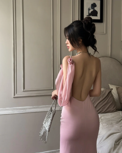 Simple Mermaid Spaghetti Strap Pink Satin Backless Party Dress Evening Dress SH3351