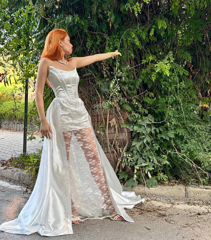 Charming A Line Strapless White Lace Satin Prom Dress Evening Dress SH2146