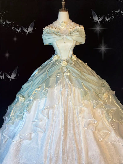 Pretty Ball Gown Sweetheart Satin Short Sleeves Long Evening Gown Prom Dresses SD1433