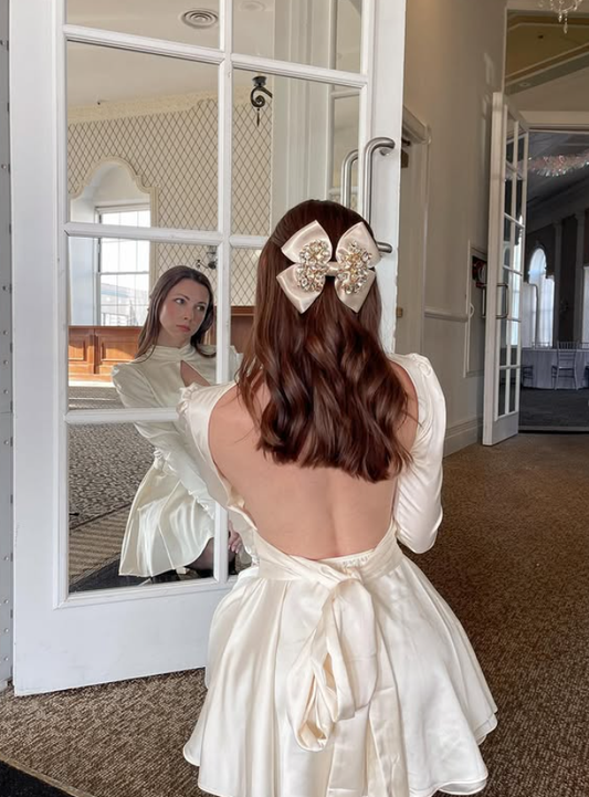 Sexy A Line Long Sleeve V Neck Ivory Satin Open Back Homecoming Dress Birthday Dress SH4870
