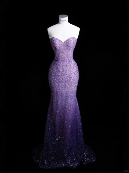 Sexy Mermaid Sweetheart Neck Purple Sequin Party Dress Evening Dress SH3377