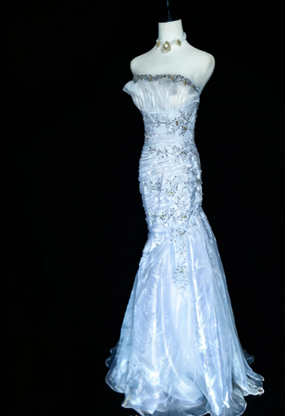 Elegant Strapless White Tulle Beaded Mermaid Long Party Dress Birthday Prom Dress D2164