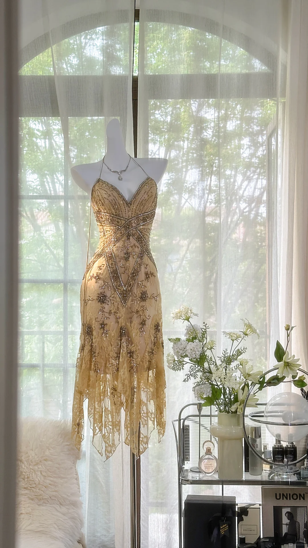 Vintage Spaghetti Straps Lace Sequin Mermaid Evening Dress Long Prom Dress S726