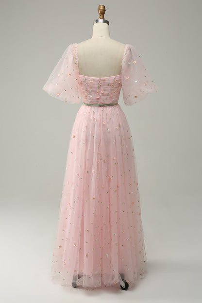 Pink Illusion Puff Sleeves Embroideries A-line Long Prom Dress with Sash