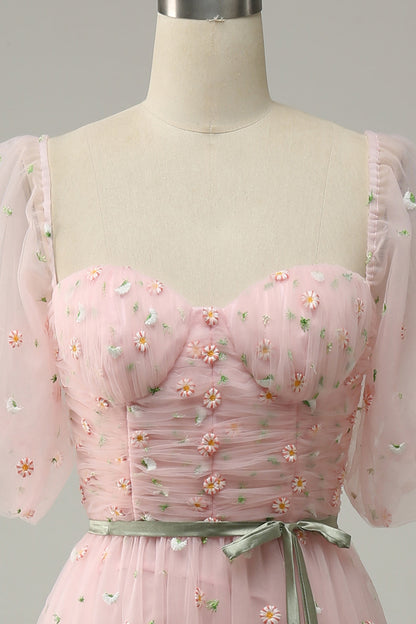 Pink Illusion Puff Sleeves Embroideries A-line Long Prom Dress with Sash