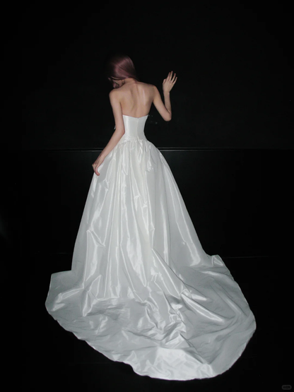 Cute A Line Sweetheart Neck Bow White Satin Long Wedding Dress SH4932
