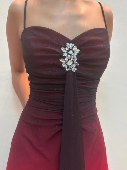 Vintage Sheath Straps Rhinestone Ombre Red Chiffon Prom Dress Evening Dress SH2234