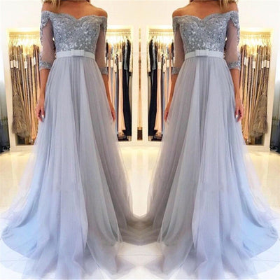 OFF-THE-SHOULDER HALF SLEEVE EVENING DRESSES FORMAL LACE APPLIQUES PROM DRESS SA90
