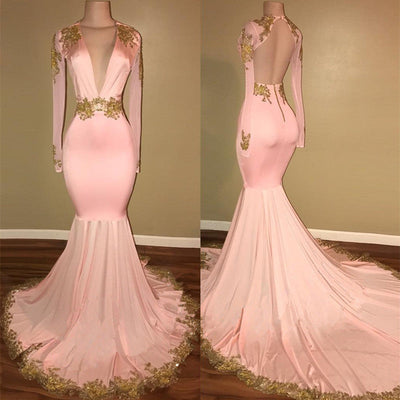 GORGEOUS LONG SLEEVES V-NECK PROM PARTY GOWNS MERMAID WITH GOLD CRYSTAL SA104