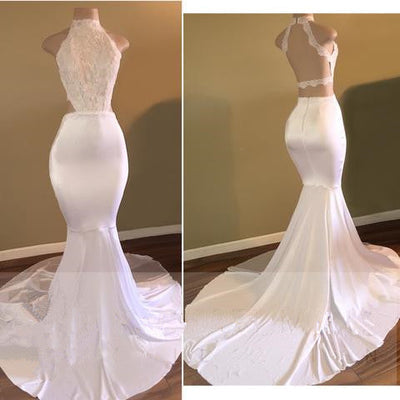 TRENDY WHITE MERMAID HIGH-NECK SLEEVELESS PROM PARTY GOWNS AS05