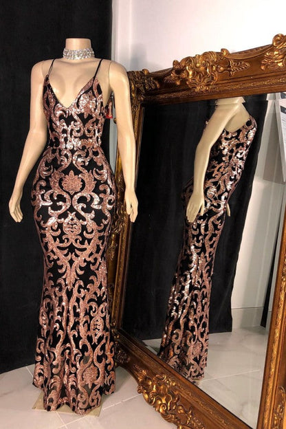 TRENDY SEQUINS APPLIQUES V-NECK SPAGHETTI LONG MERMAID PROM GOWNS AS09