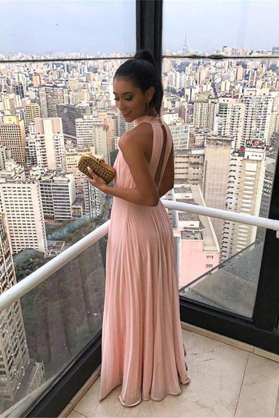 SIMPLE HIGH NECK CHIFFON KEYHOLE SLEEVELESS CANDY PINK PROM DRESS SAS50