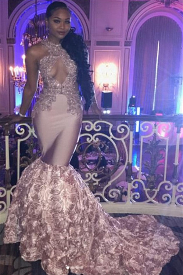 PINK LACE PROM DRESS MERMAID EVENING GOWNS WITH BOTTOM FLOWERS SAS54