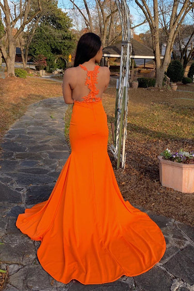 SEE THROUGH SLEEVELESS FRONT SLIT BRUSH TRAIN APPLIQUES MERMAID PROM DRESS SAS58