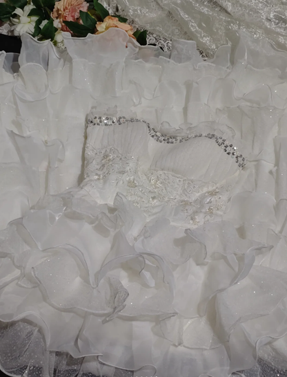 Glamorous Strapless Beaded White Chiffon Ruffles Layered Long Wedding Dress Formal Bridal Gowns D2367
