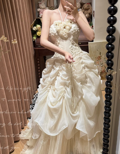 White A Line Halter Floral Beaded Pleated Organza Prom Dresses 18th Birthday Dresses SH4639