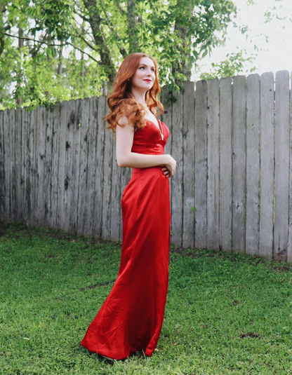 Charming Sheath Spaghetti Strap Rhinestone Red Satin Long Evening Dresses Party Dresses with Slit SH2676