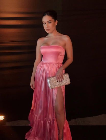 Classic Pink A-line Strapless Side Slit Long Party Prom Dresses SH650
