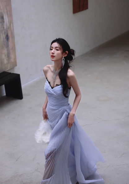 Elegant A Line Sweetheart Neck Black Lace Purple Chiffon Long Evening Dress Gown Dress SH3584