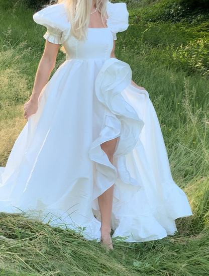 Cute A Line Puff Sleeves White Satin Long Prom Dress Birthday Dress with Slit SH2073