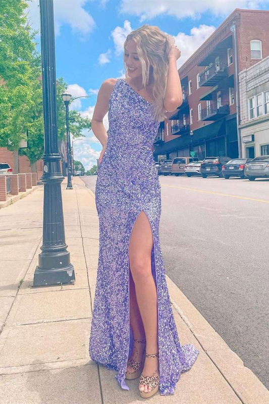 One Shoulder Sequins Mermaid Long Evening Prom Dresses Side Slit Prom Dress SH569