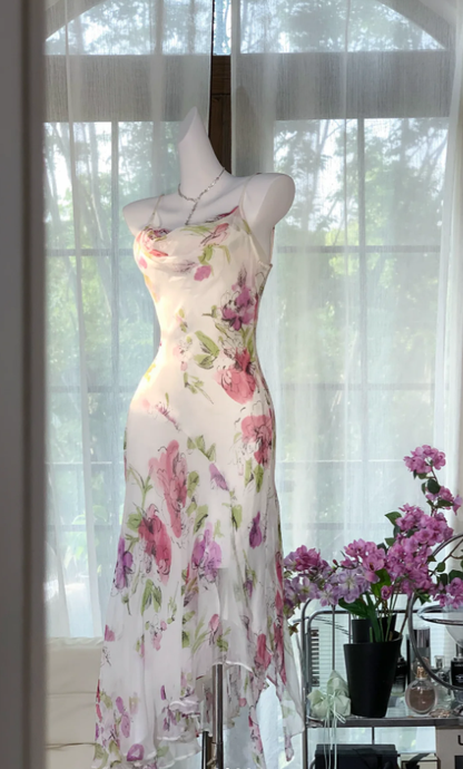 Pretty Spaghetti Straps Chiffon Print Floral Mermaid Evening Dress Long Party Dress D1311