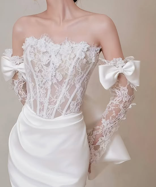 Pretty Mermaid Strapless Bow White Lace Satin Long Sweep Prom Dress Wedding Dress SH4646
