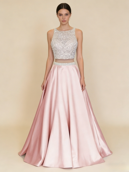 A Line Round Neck Two Pieces Beaded Pink Prom Dresses, Two Pieces Pink Formal Dresses, Pink Evening Dresses M3131