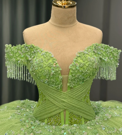 Romantic Poofy Off the Shoulder Beaded Green Tulle Ball Gown Quinceanera Dress SH3269