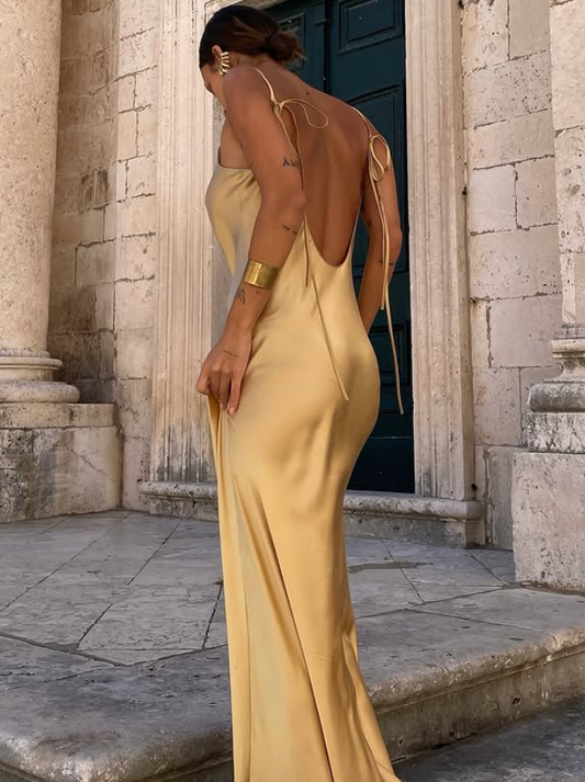 Simple Pecan Bronze A Line Spaghetti Strap Satin Open Back Prom Dress Wedding Guest Dress SH4450