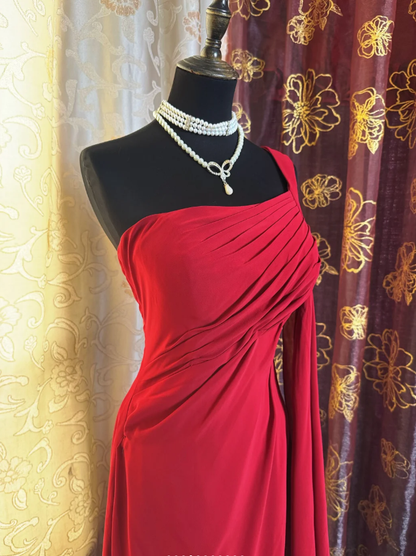 Charming Red One Shoulder Satin Pleated Mermaid Long Party Dress Formal Wedding Guest Dress SP1948