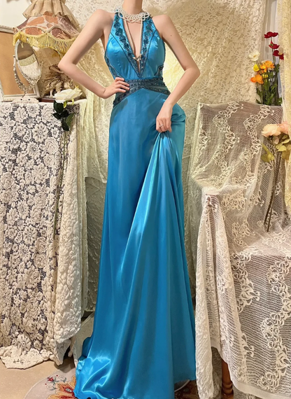 Sexy Blue Halter Satin Beaded V Neck Mermaid Long Party Dress Prom Dresses D2143