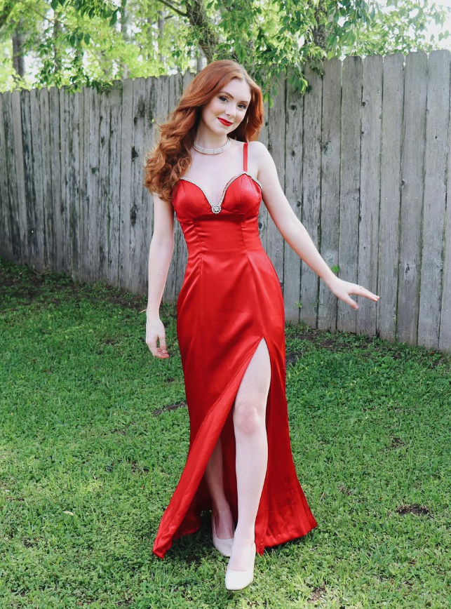 Charming Sheath Spaghetti Strap Rhinestone Red Satin Long Evening Dresses Party Dresses with Slit SH2676