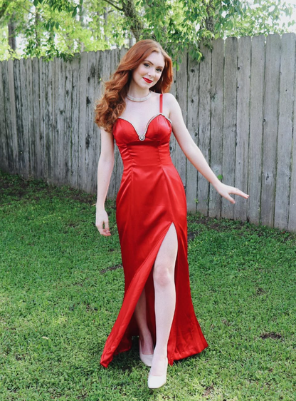 Charming Sheath Spaghetti Strap Rhinestone Red Satin Long Evening Dresses Party Dresses with Slit SH2676