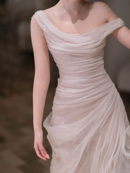 Flowy A Line Off the Shoulder Pleated Tulle Prom Dress Evening Dress SH4213